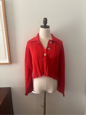 Red Cropped Rib Knit Sweater